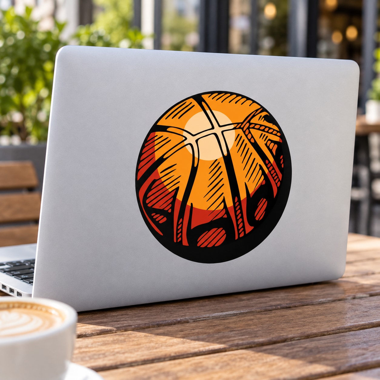 Round basketball vinyl wall decal sticker with orange and black team ball graphic