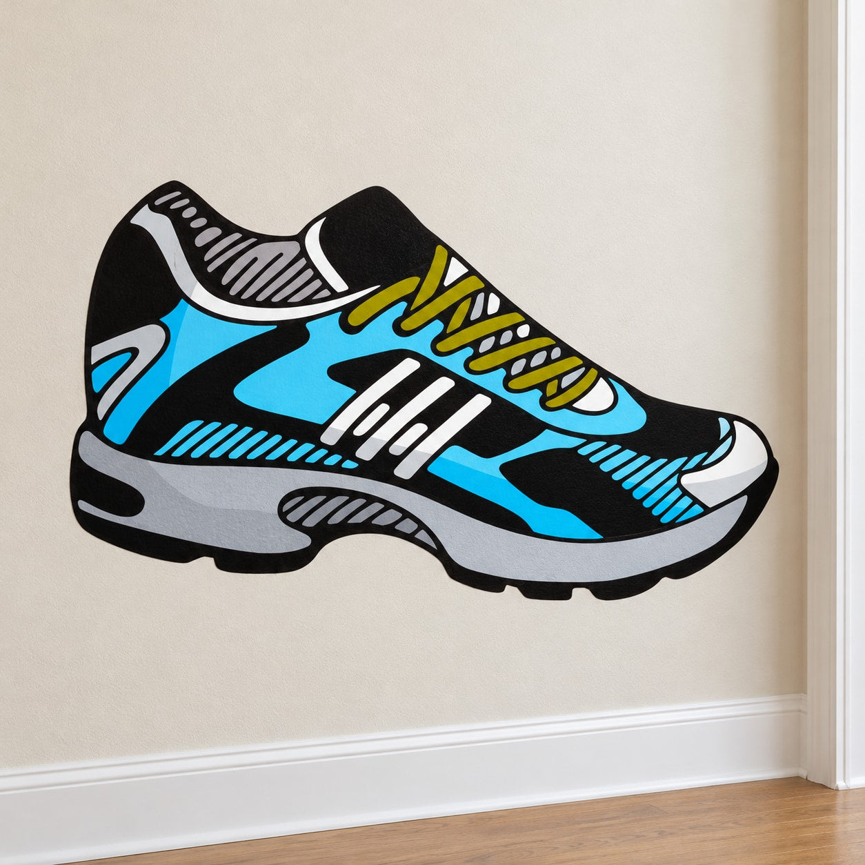 Basketball shoe vinyl wall decal, blue and black with yellow laces and white stripes