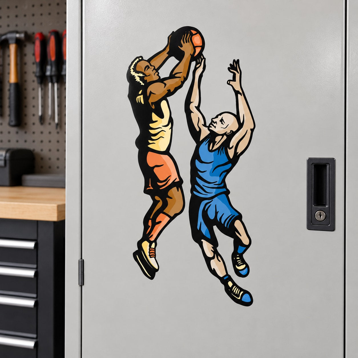 Basketball wall decal vinyl sticker with two jumping players, die-cut design