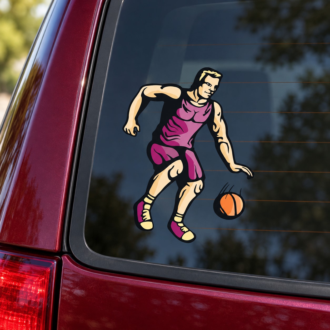 Basketball player vinyl sticker, purple jersey dribbling an orange basketball on window