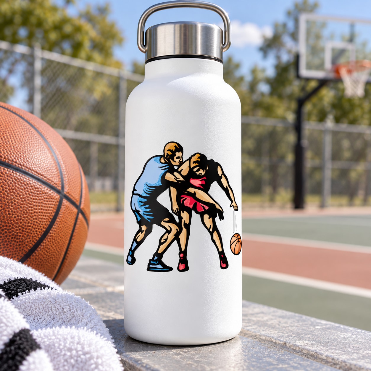 Vinyl basketball player decal on white water bottle, colorful action illustration