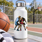 Vinyl basketball player decal on white water bottle, colorful action illustration