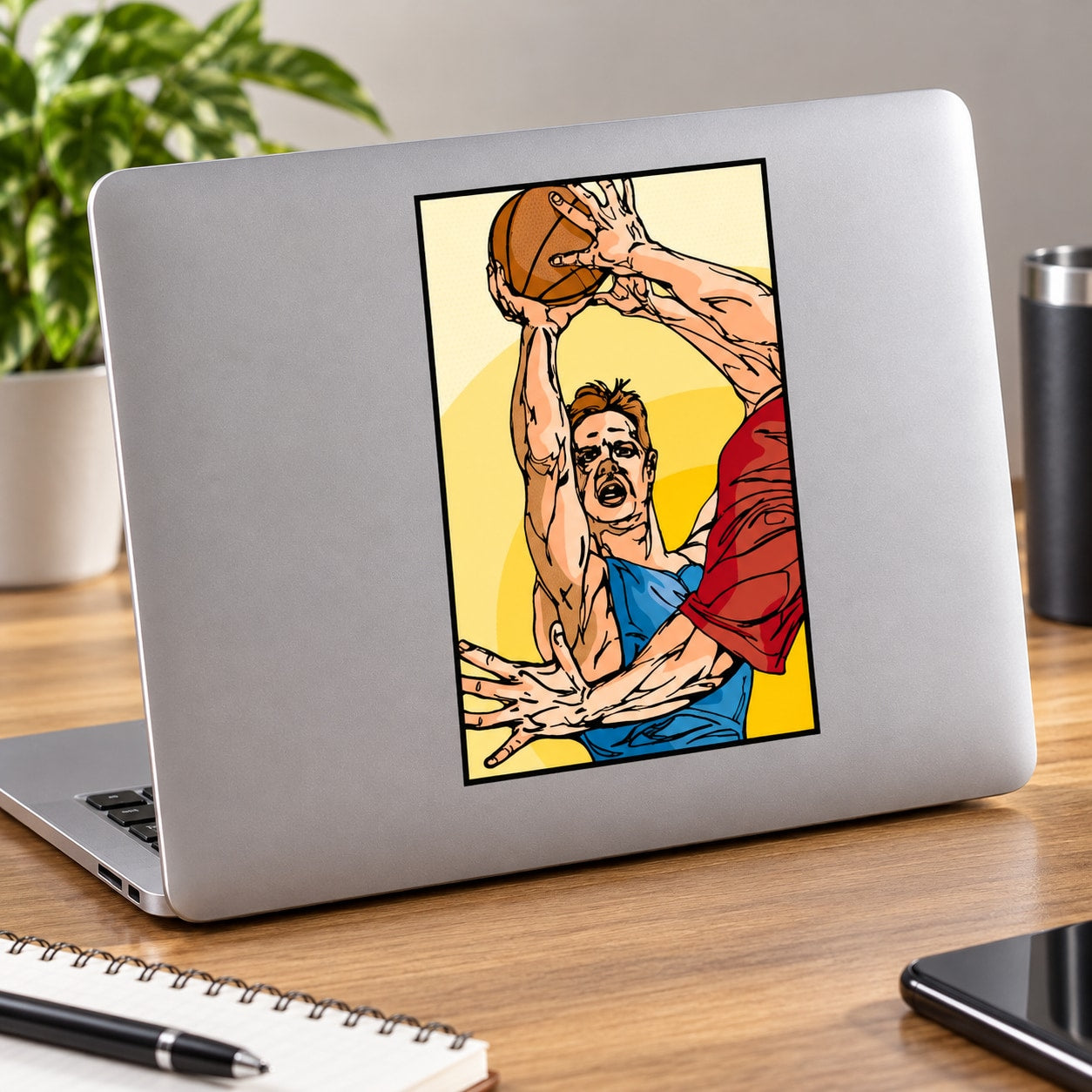 Basketball-themed vinyl decal sticker with colorful player illustration in a black border