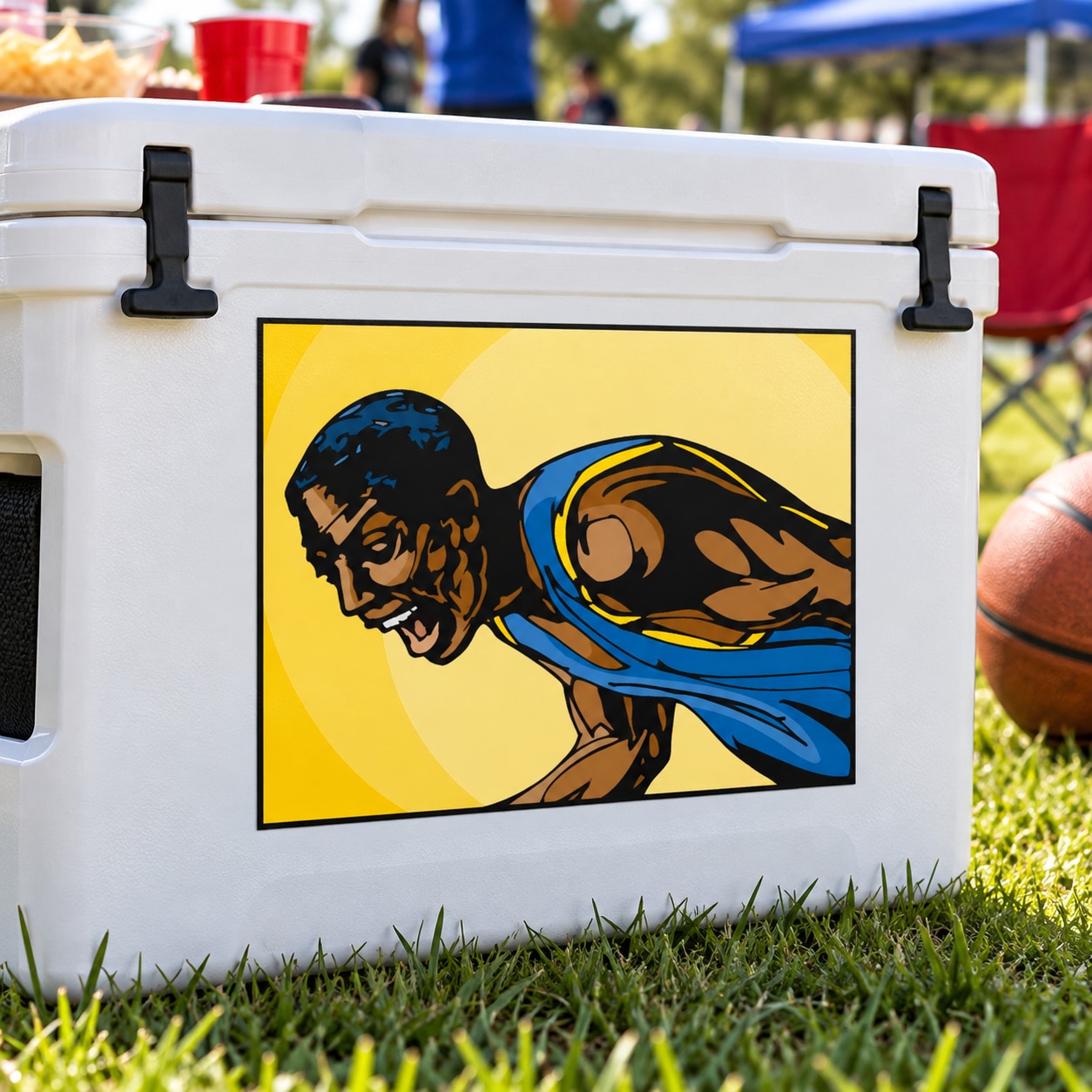 Die-cut vinyl basketball player wall decal sticker, illustrated in blue and black