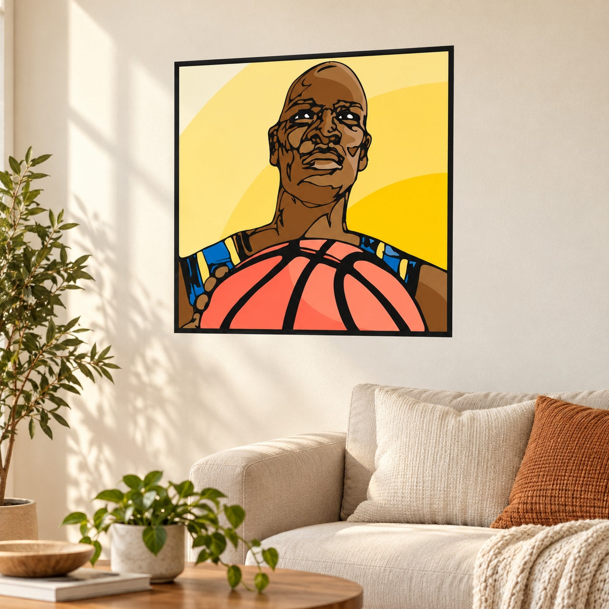 Square vinyl basketball wall decal of a face and basketball with blue and orange accents