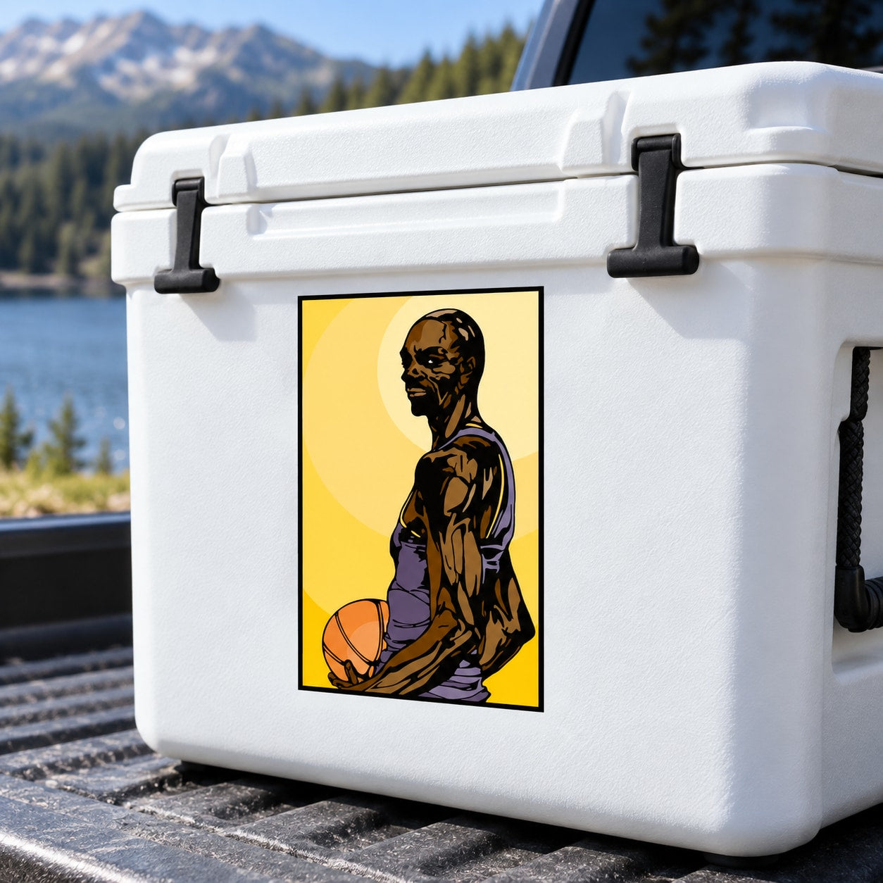 Basketball wall decal vinyl sticker on a white cooler with illustrated player holding a ball