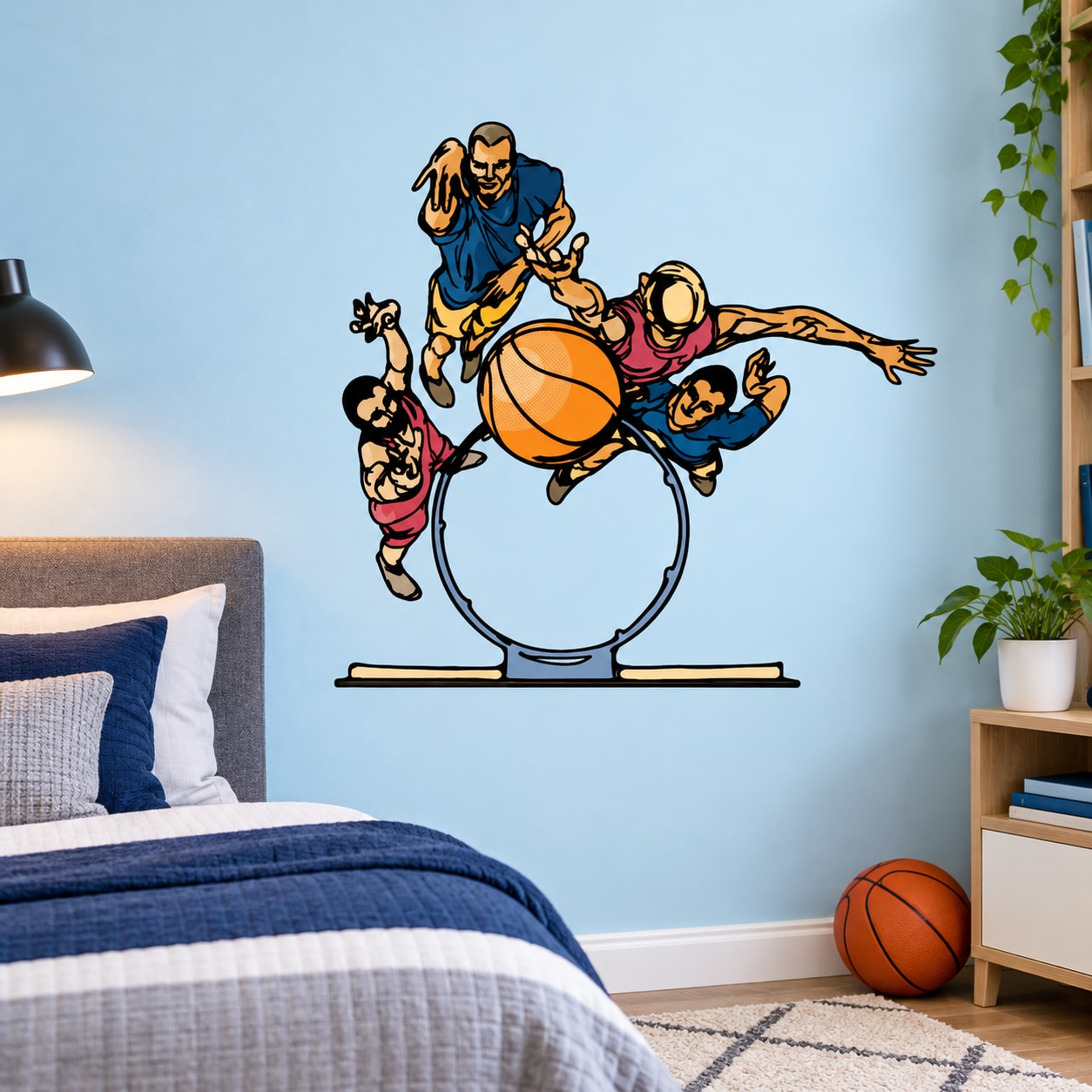 Cartoon basketball player wall decal vinyl sticker with hoop and basketball scene