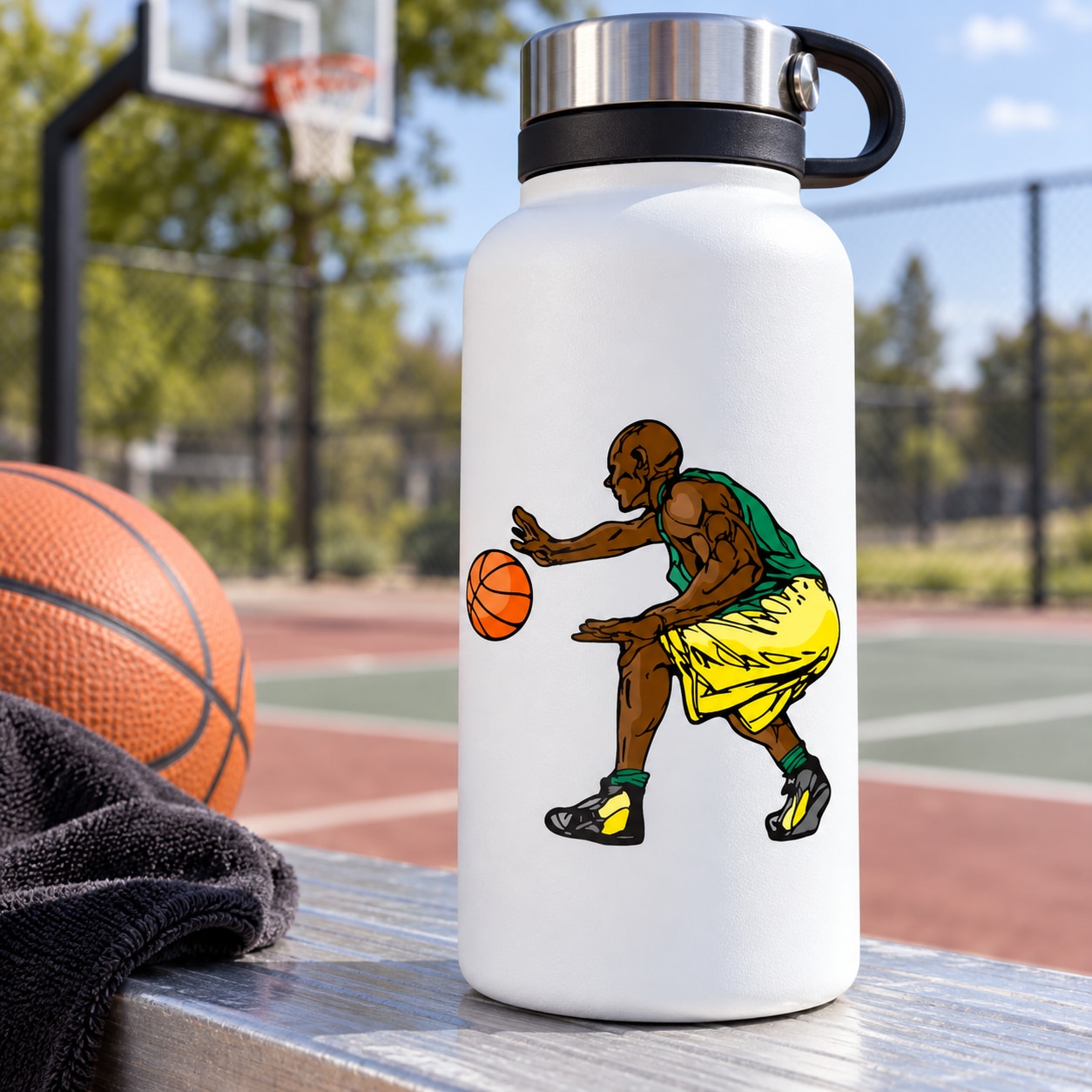 White bottle with colorful basketball player vinyl decal sticker