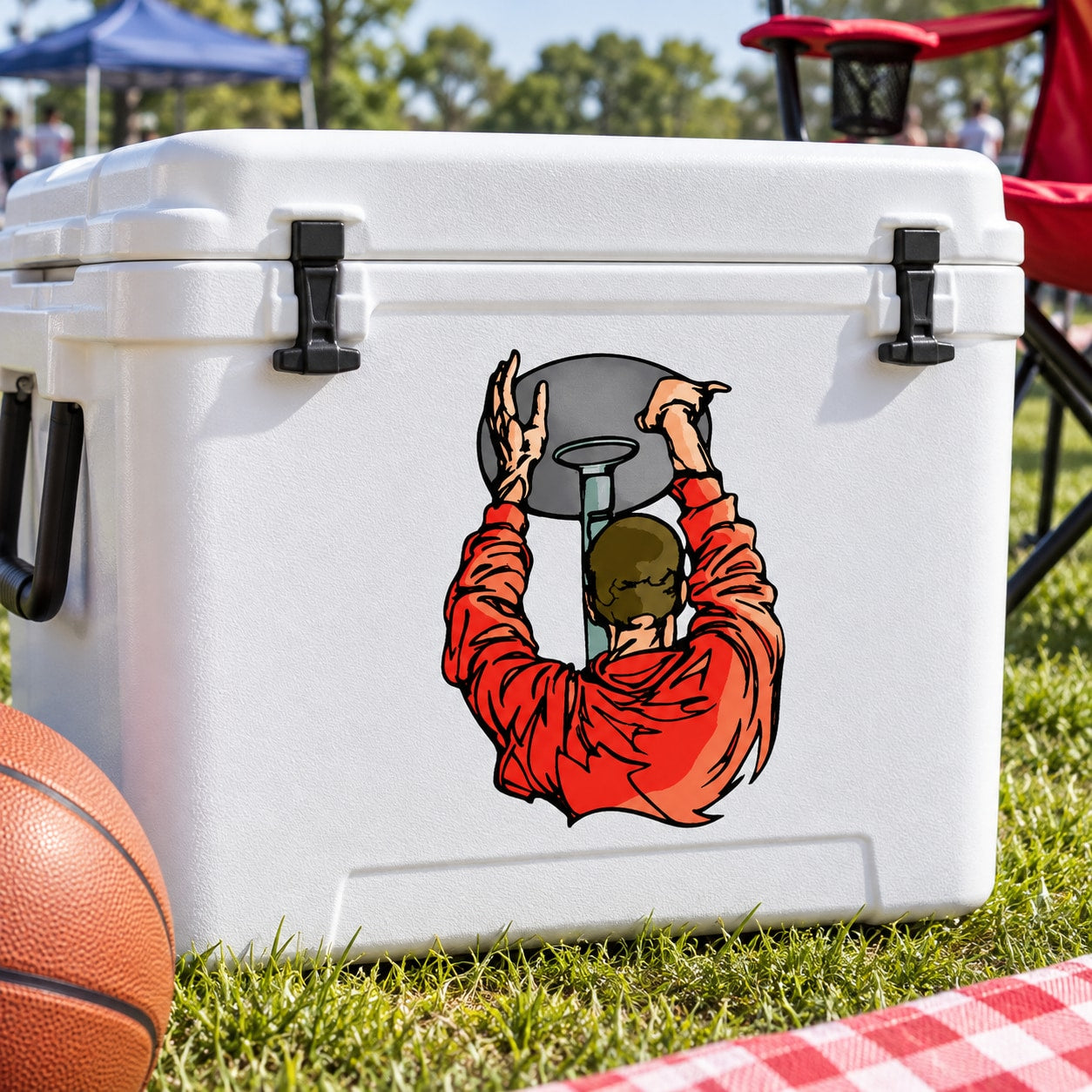 Die-cut vinyl sticker showing a stylized basketball player in red and black