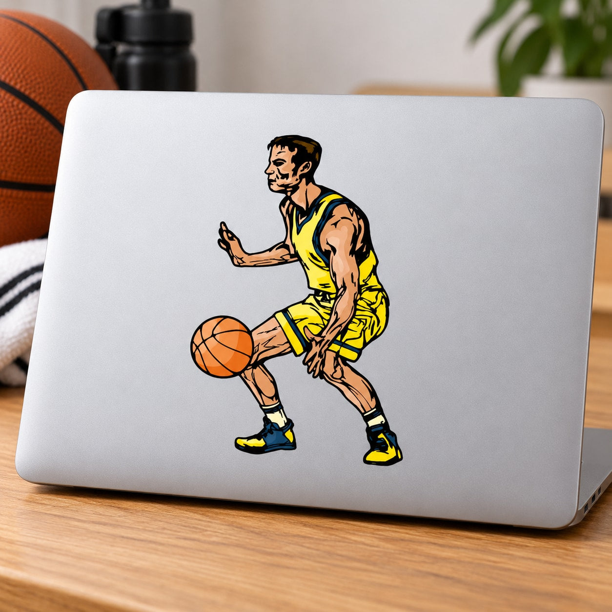Basketball player vinyl wall decal sticker, yellow uniform dribbling a basketball