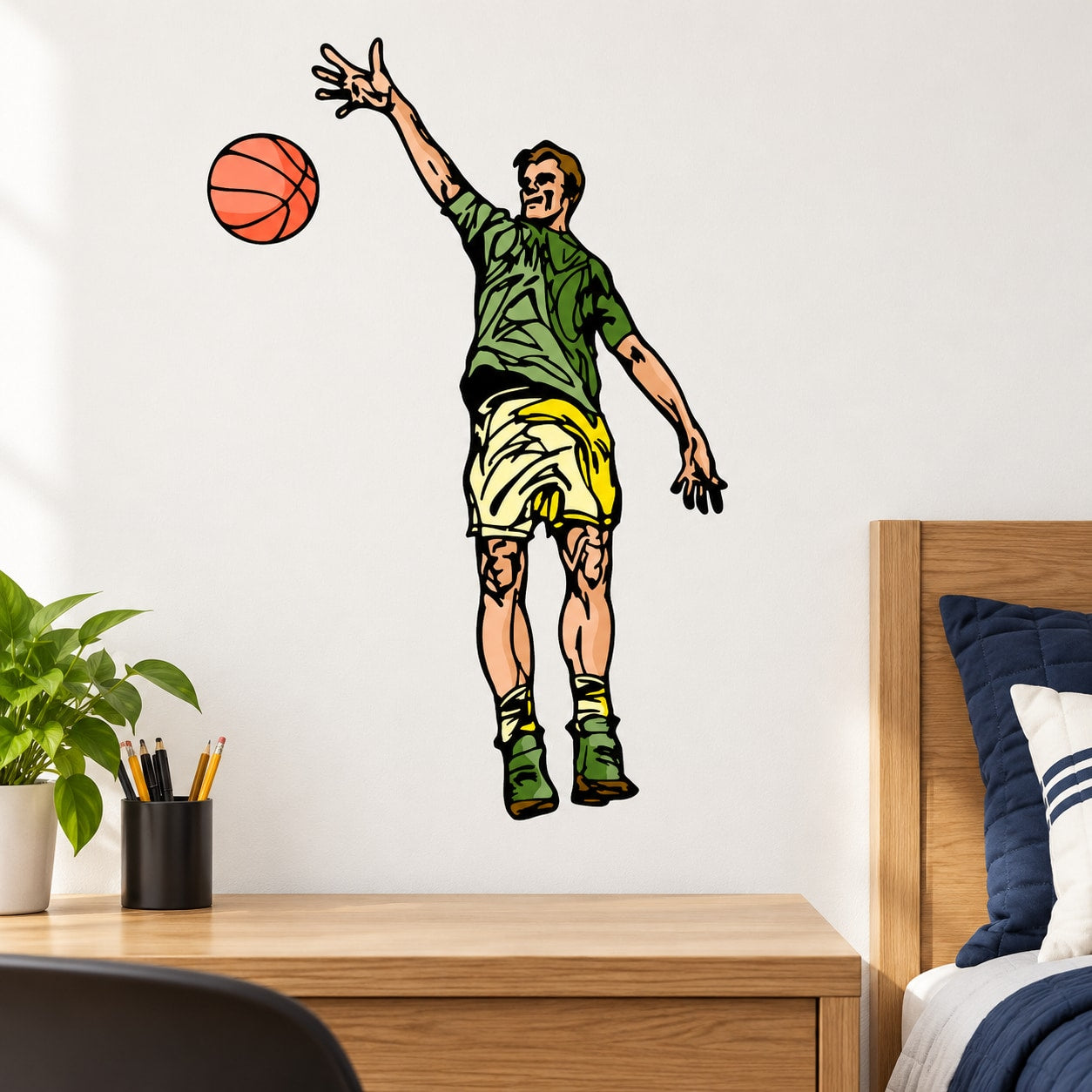 Basketball player wall decal sticker with orange ball, green jersey, and raised arms