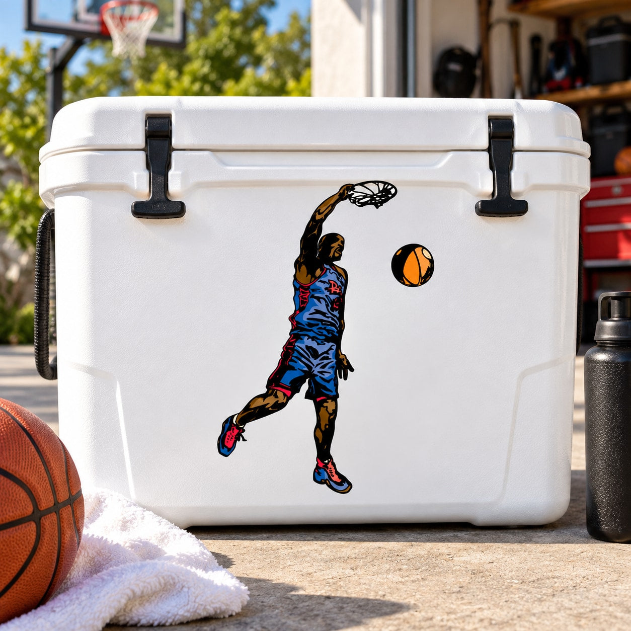Basketball player vinyl wall decal with orange ball, die-cut sticker