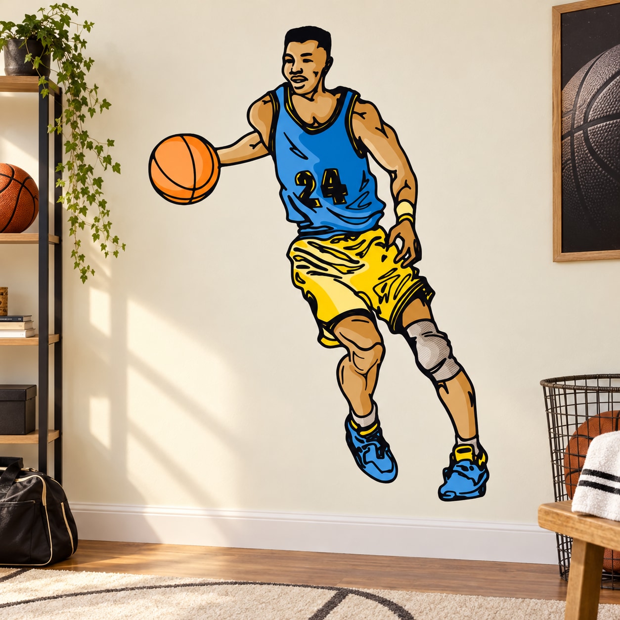 Basketball player vinyl wall decal sticker, blue jersey holding orange basketball, die-cut
