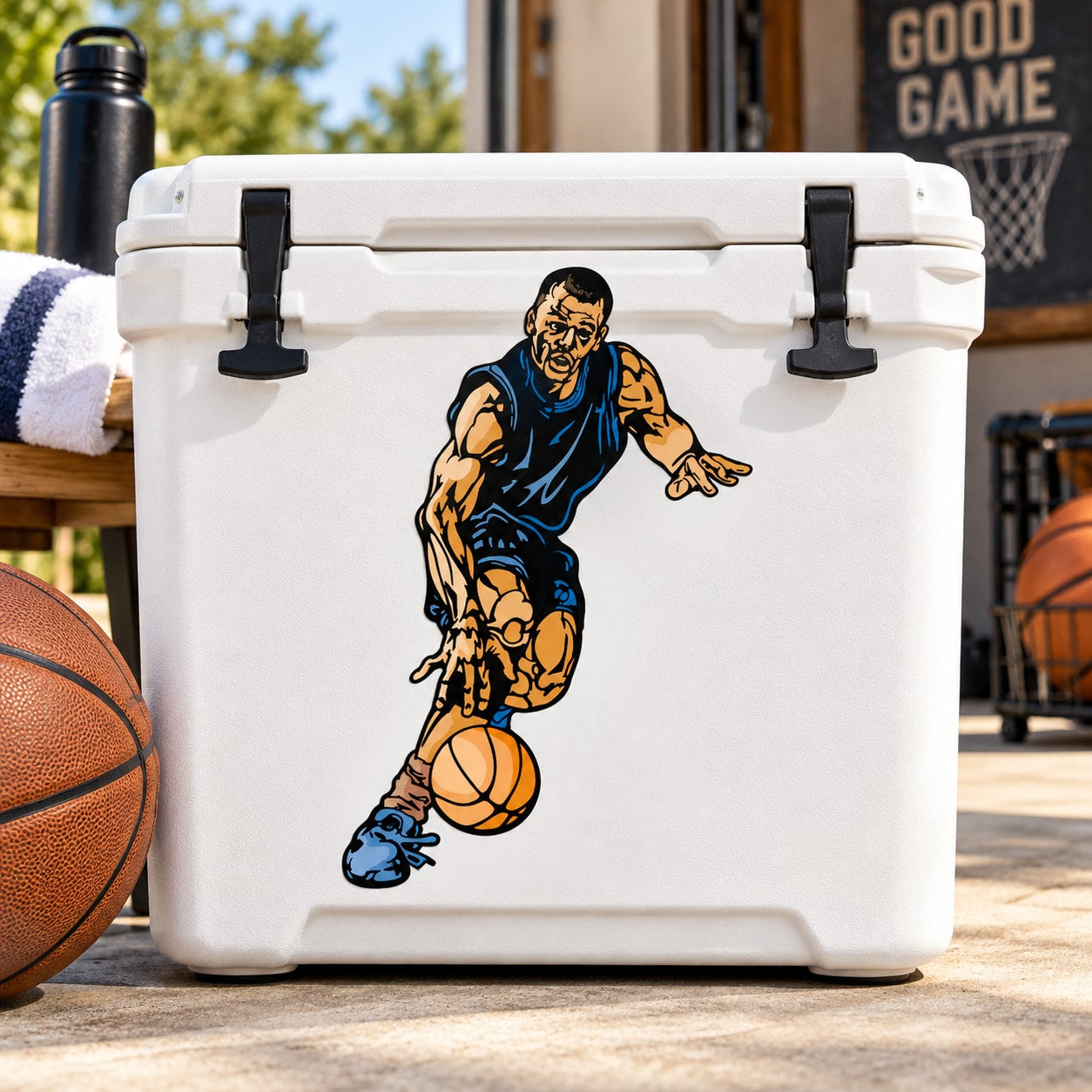 Die-cut vinyl basketball player sticker, blue uniform dribbling a ball