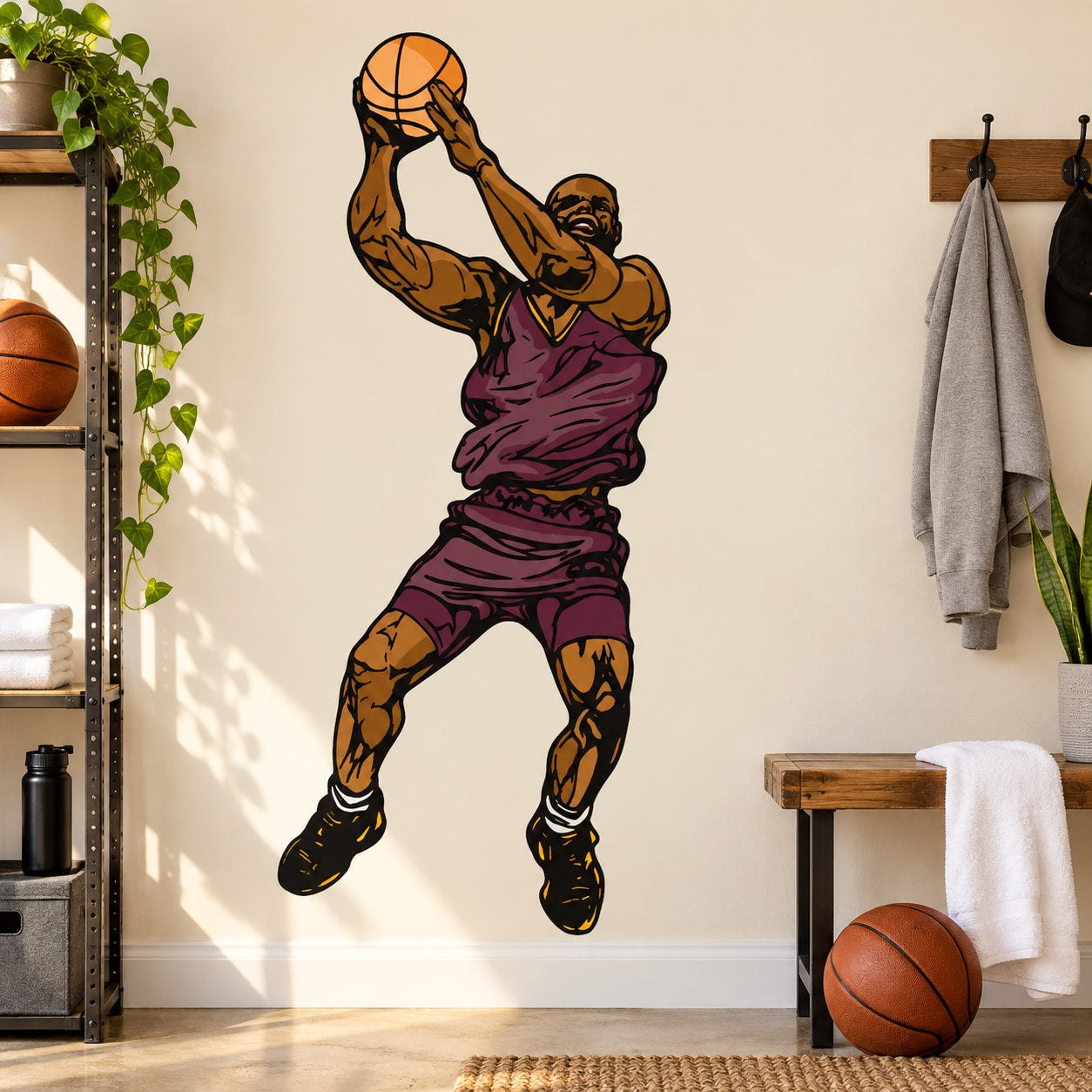Basketball player vinyl wall decal, dunking pose with orange ball and purple jersey