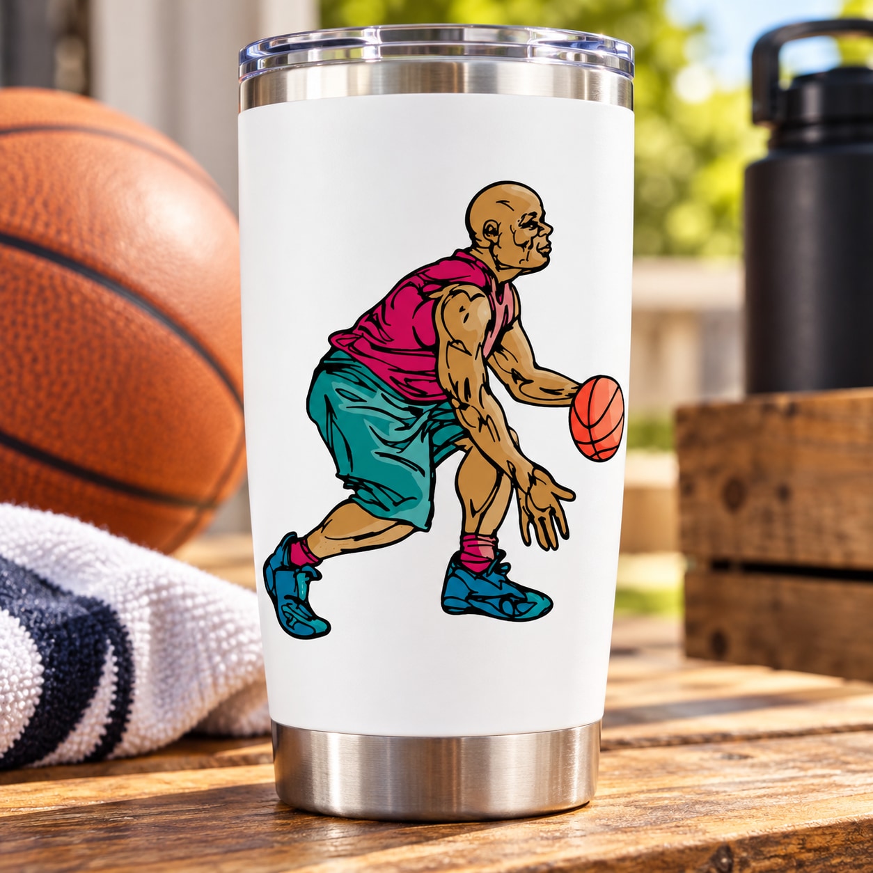 Basketball player vinyl wall decal sticker, colorful kneeling guard holding basketball