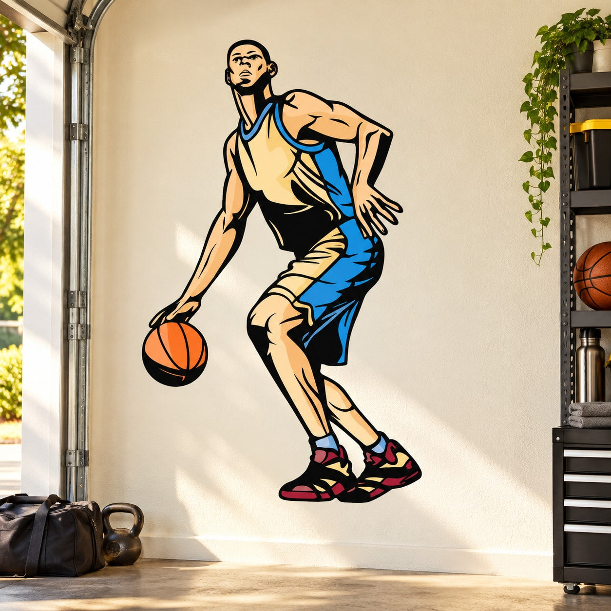 Basketball player wall decal sticker, illustrated figure holding orange basketball