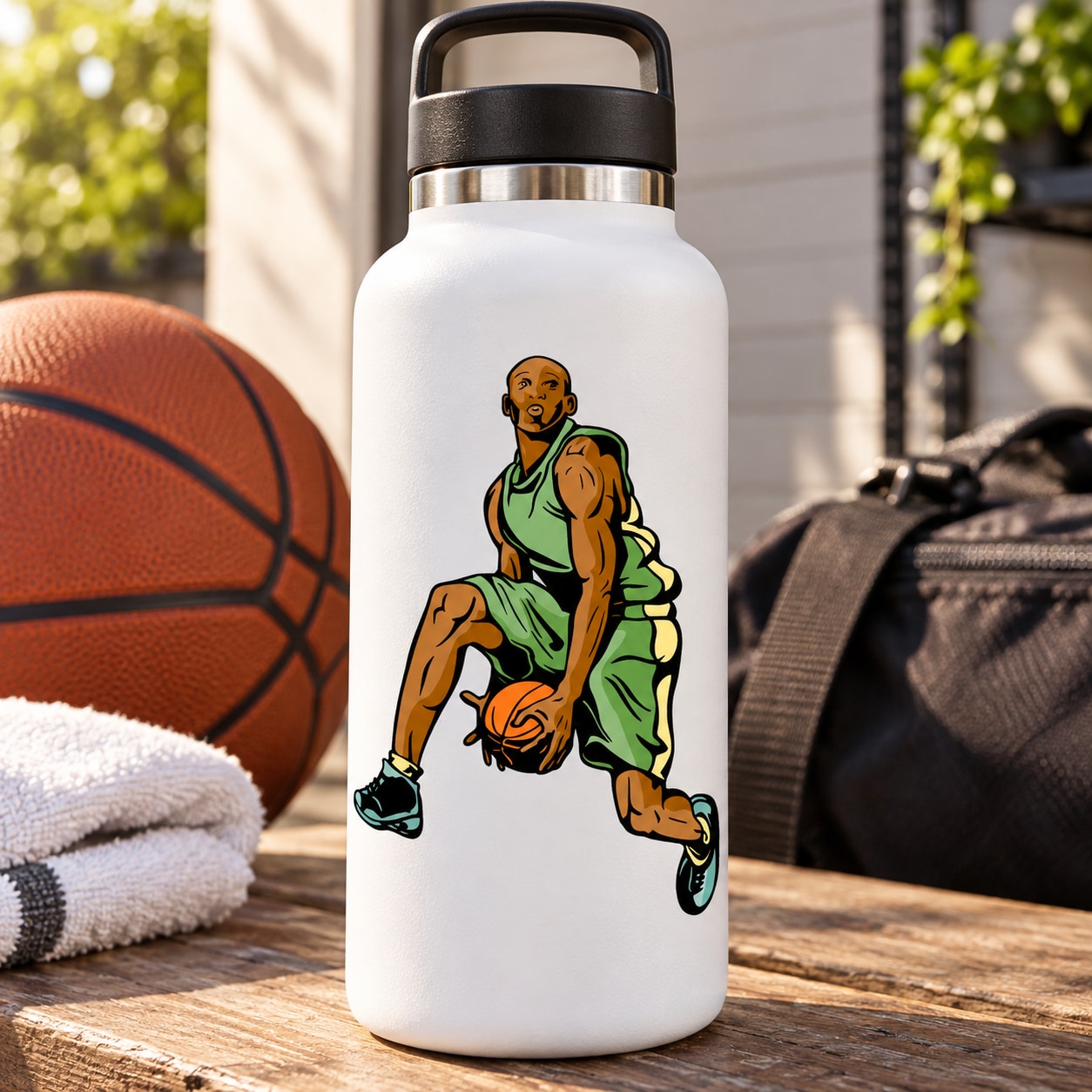 White water bottle with basketball player vinyl decal, die-cut silhouette