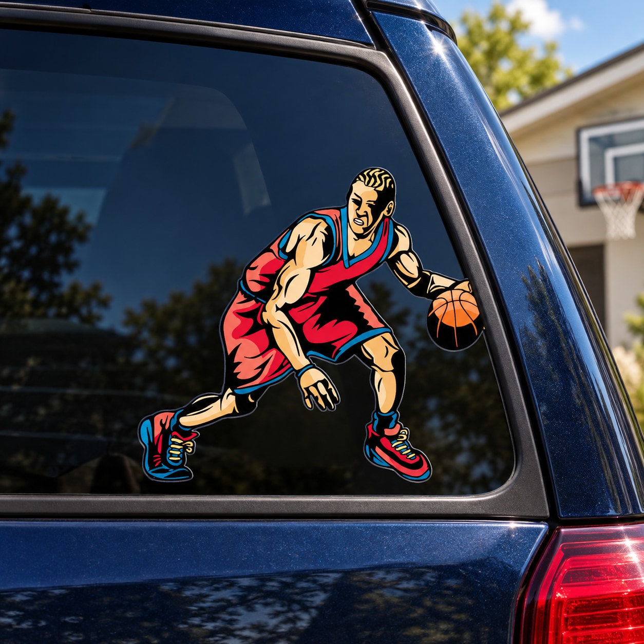Colorful basketball player vinyl decal sticker, die-cut car window graphic