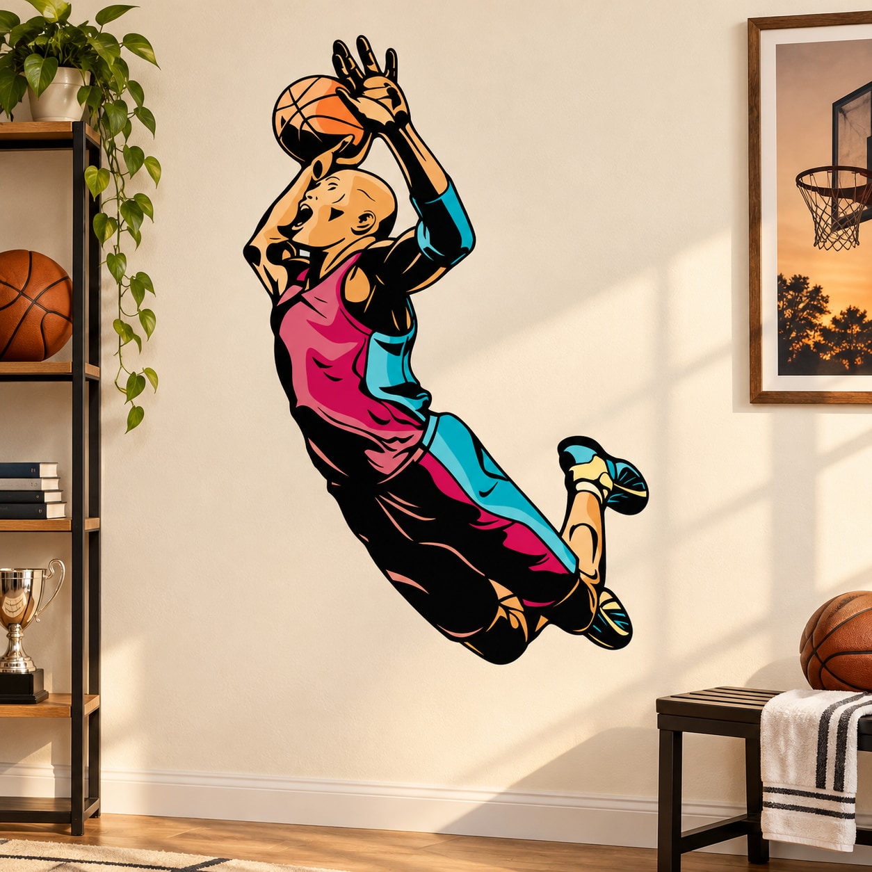 Basketball wall decal of a colorful female player shooting a basketball, vinyl die-cut sticker