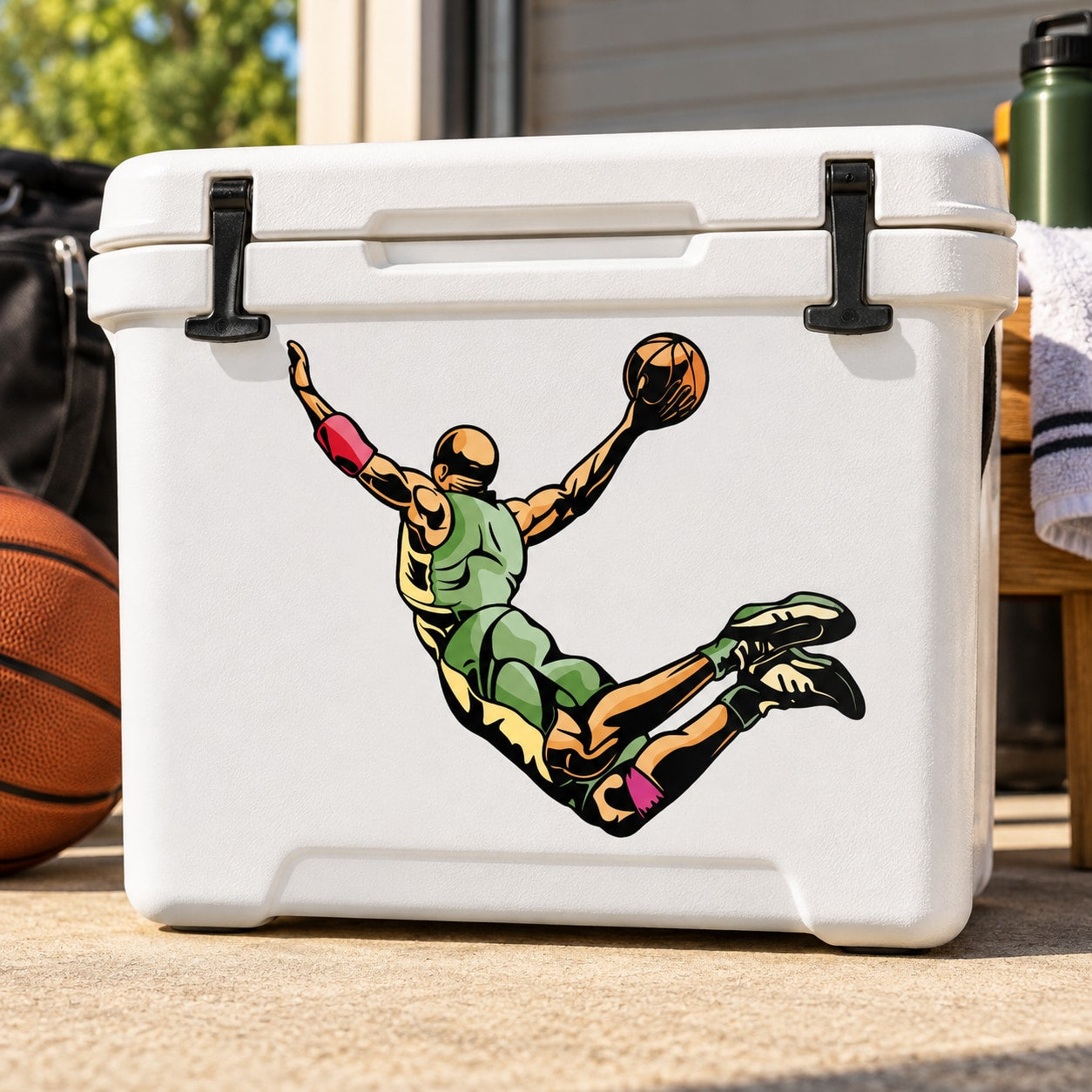 Basketball player vinyl wall decal sticker, green uniform and orange ball with black outline