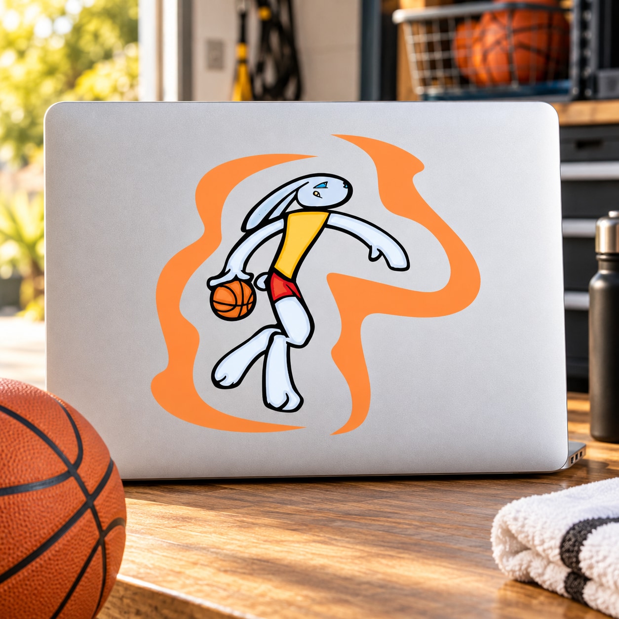 Basketball vinyl wall decal sticker with cartoon player and basketball, orange swirl