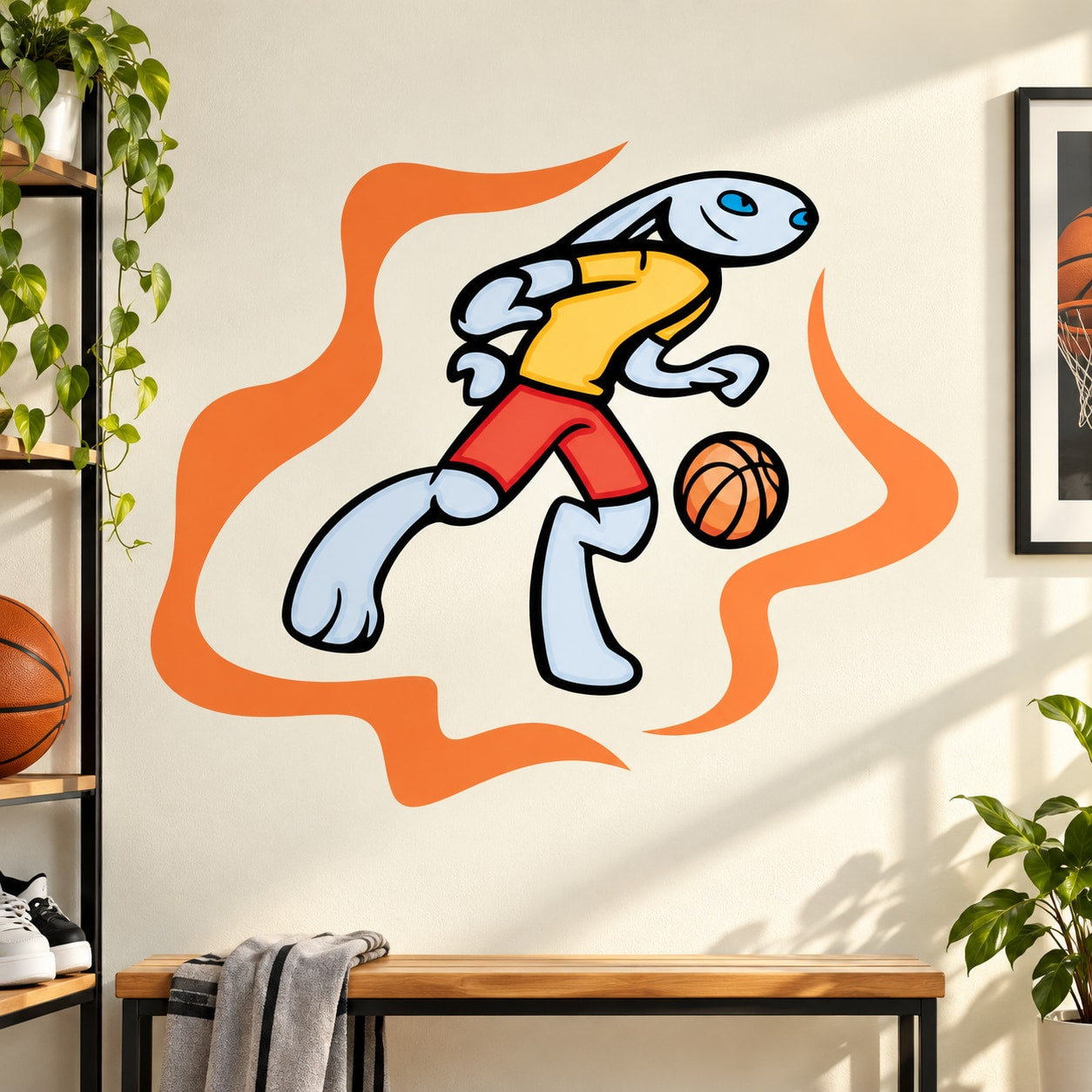 Basketball character wall decal vinyl sticker with orange flame background and basketball