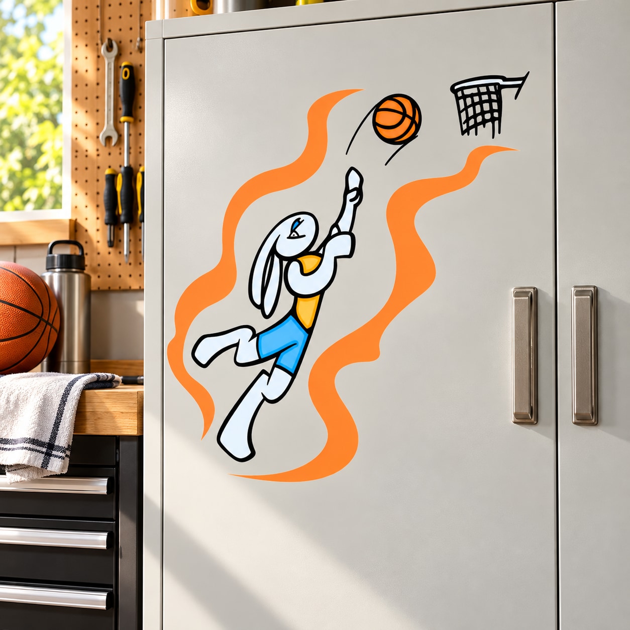 Orange and black basketball player wall decal with hoop and ball, vinyl die-cut sticker