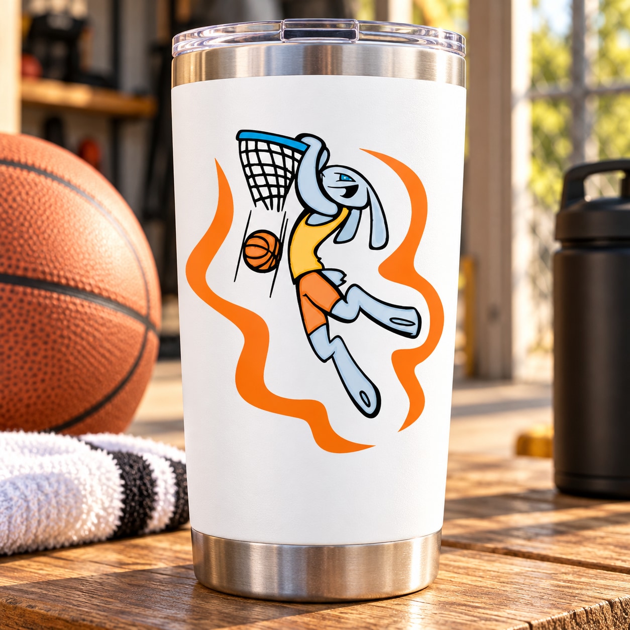 Basketball vinyl decal sticker with hoop, ball, and orange flame design