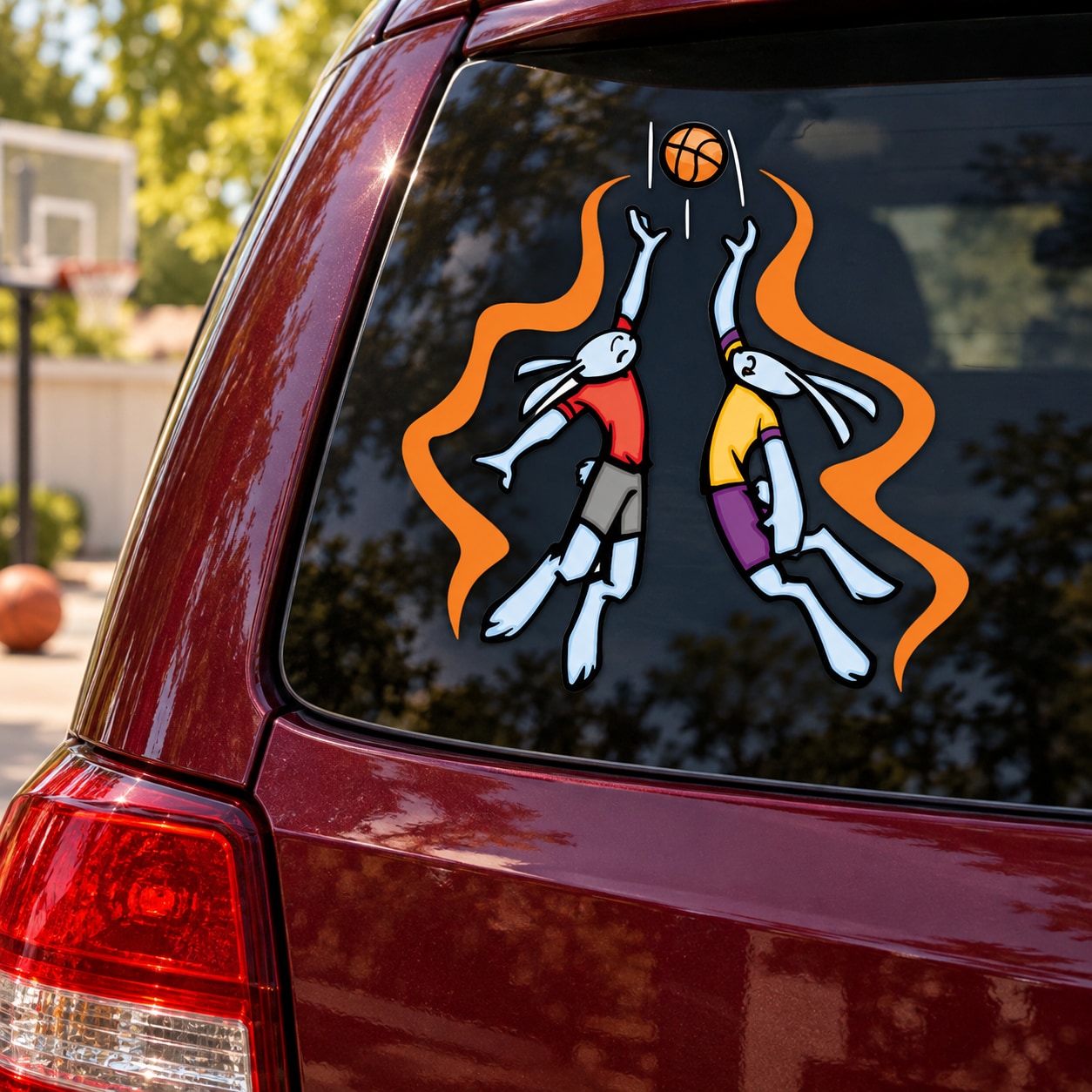 Basketball vinyl wall decal with orange outline, basketball and two cartoon hand icons