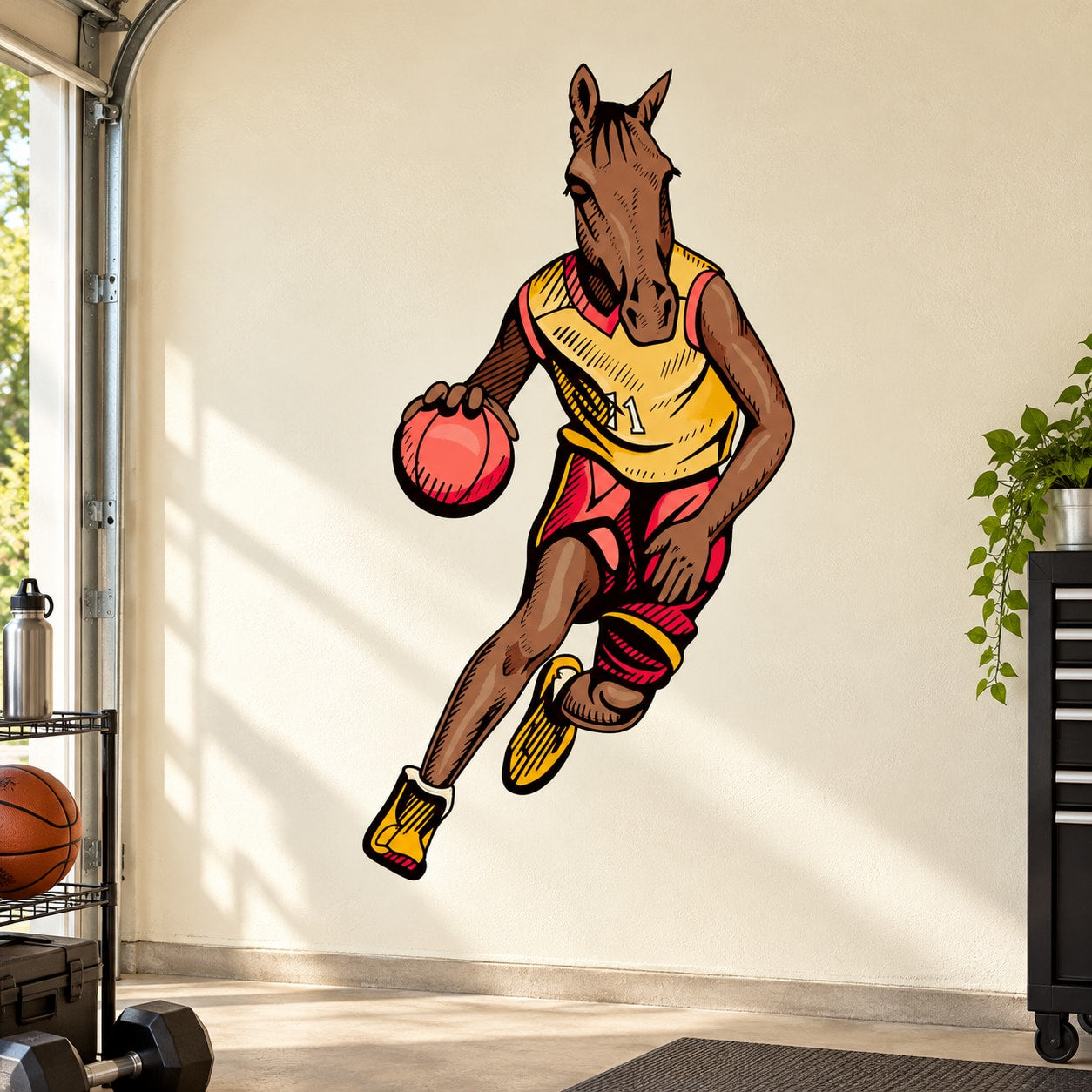 Basketball player vinyl wall decal sticker with brown horse head and orange ball, die-cut