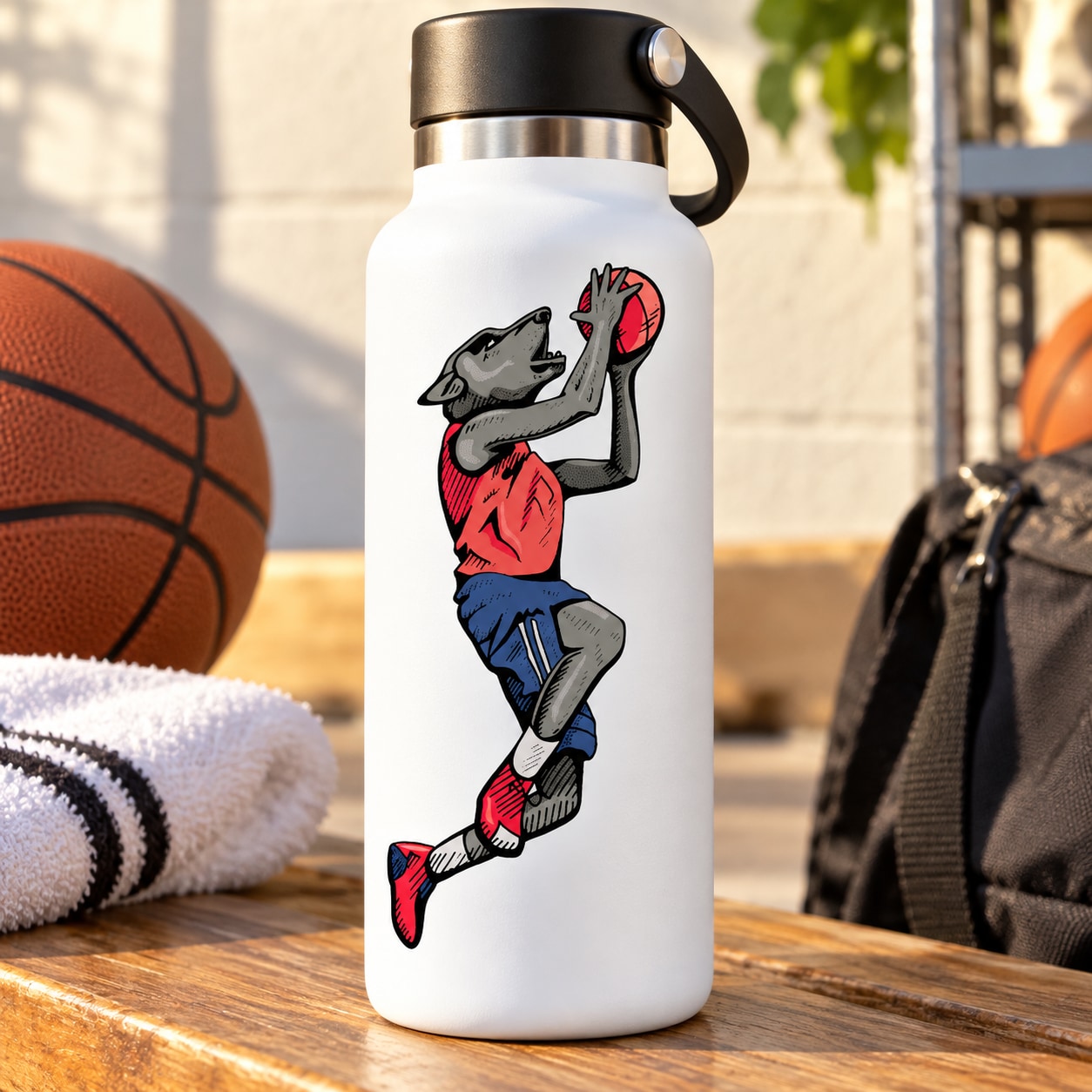 Basketball player vinyl decal sticker with red, blue, black character holding ball