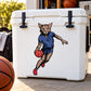 Basketball vinyl decal sticker: cartoon cat running with a basketball, die-cut outline
