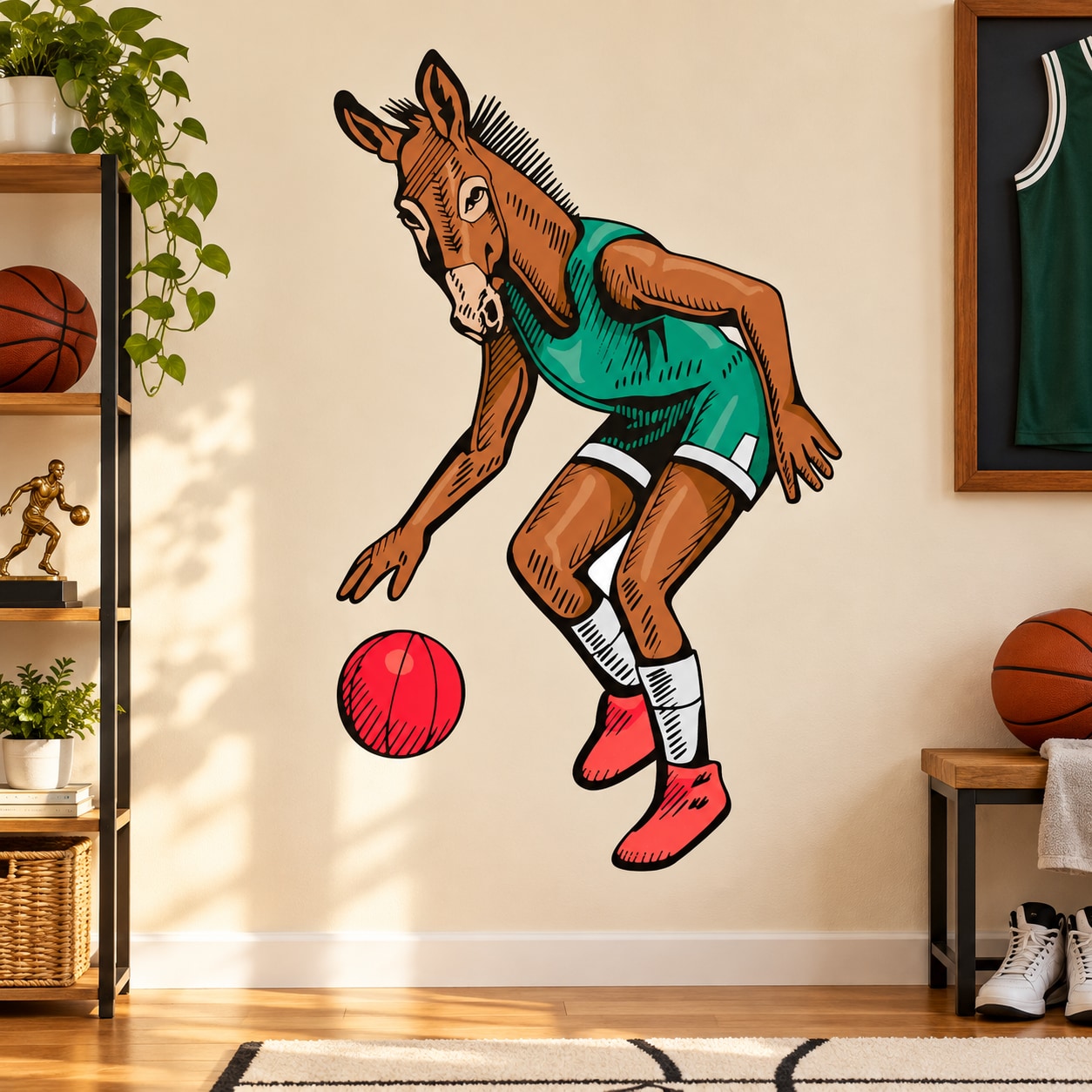 Basketball player wall decal vinyl sticker: jumping player in teal jersey and red ball