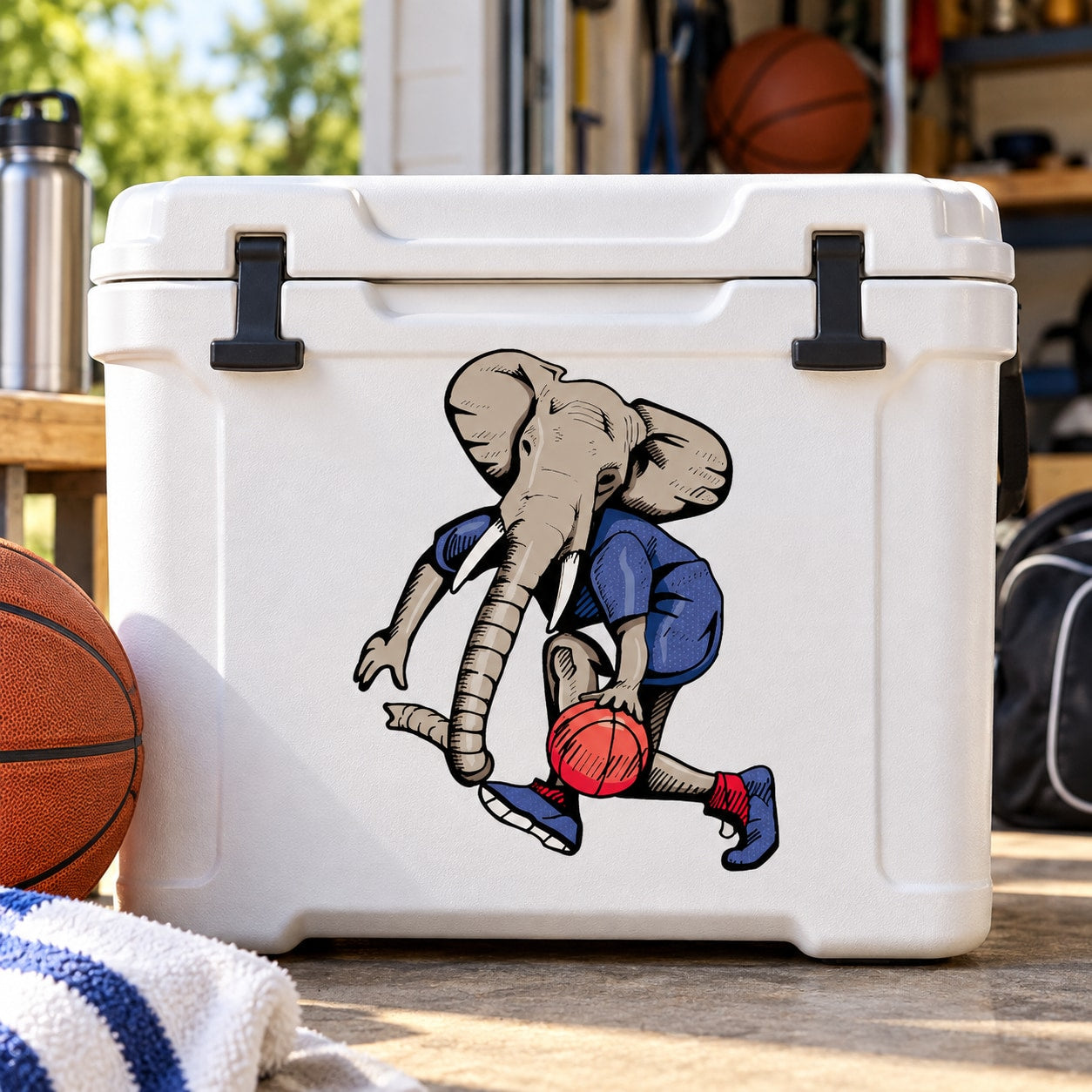 Die-cut basketball vinyl sticker of a cartoon elephant holding a red ball