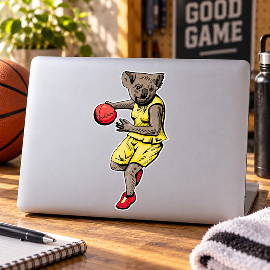 Die-cut basketball wall decal sticker with cartoon dog in yellow holding red ball