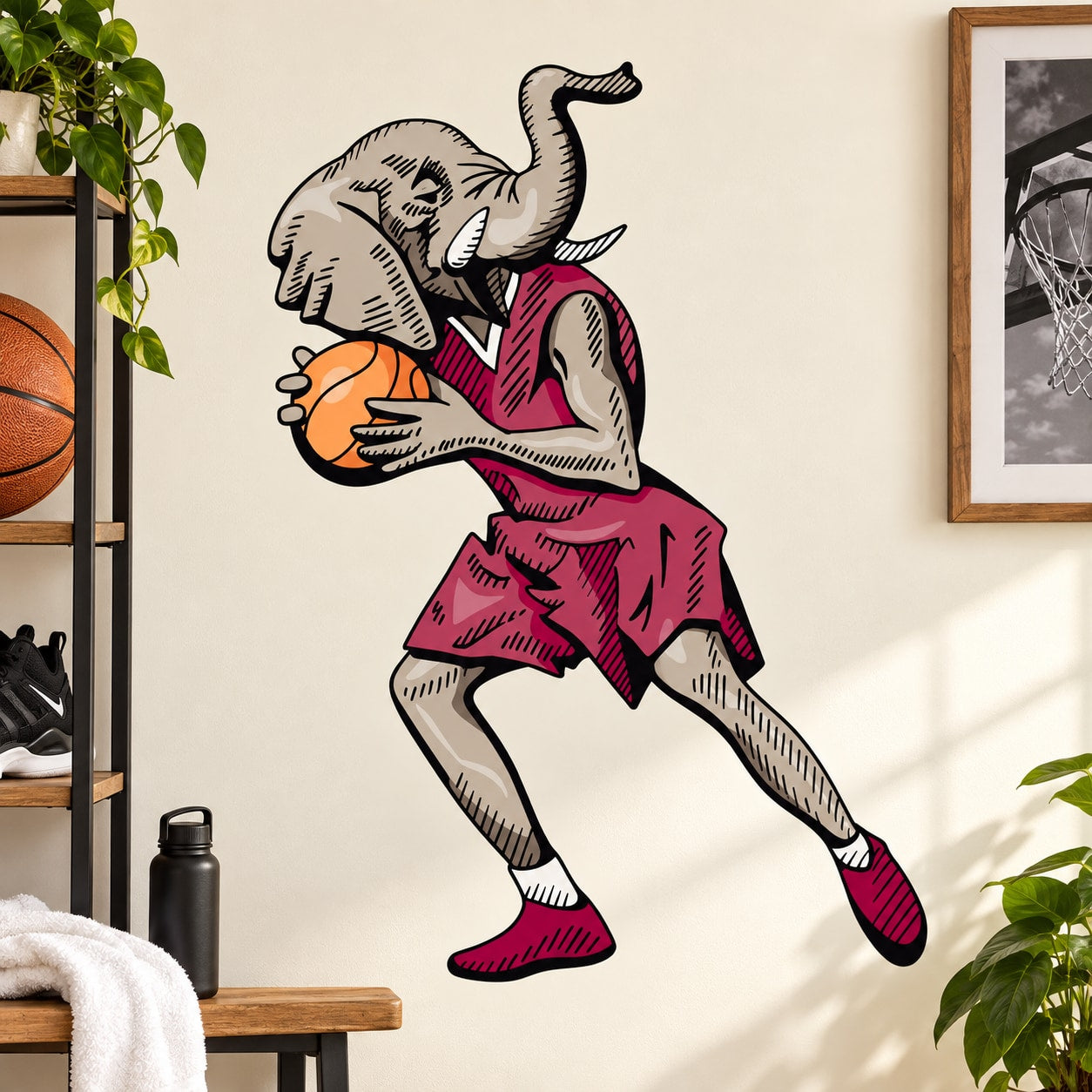 Basketball player wall decal vinyl sticker, pink and orange cartoon athlete in dribble pose