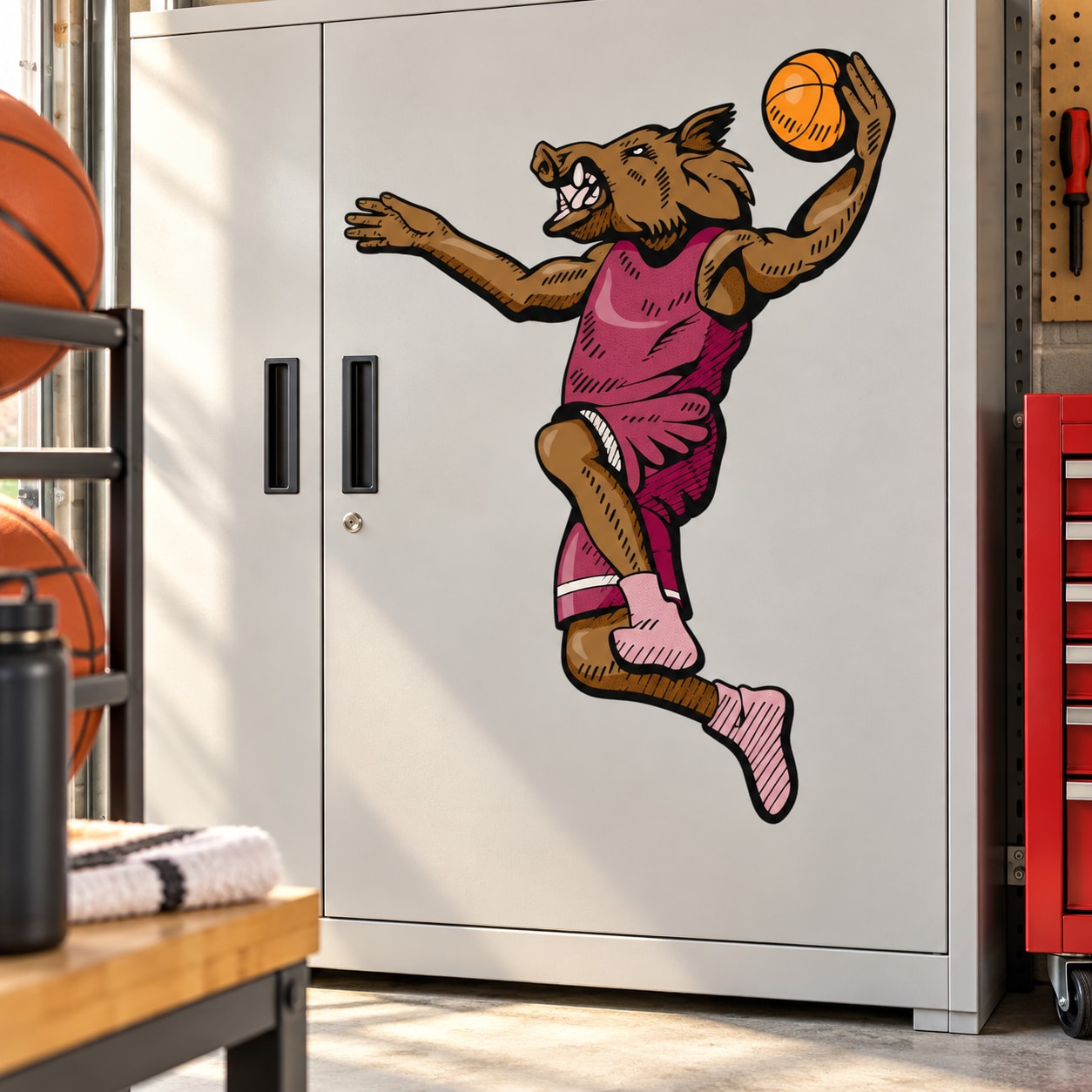 Basketball wall decal vinyl sticker of cartoon animal reaching with orange basketball