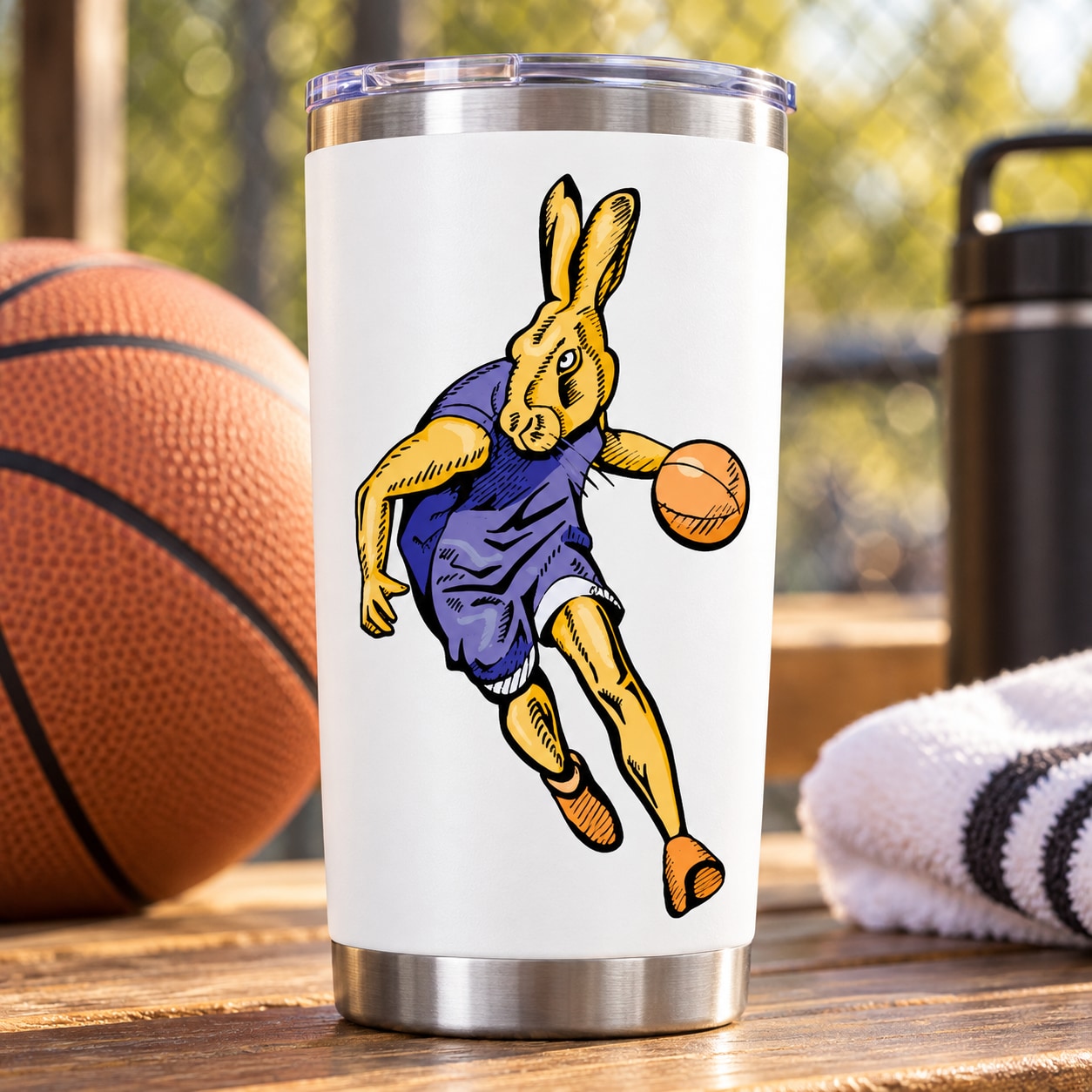 Basketball bunny vinyl decal sticker: rabbit holding a basketball on a light background