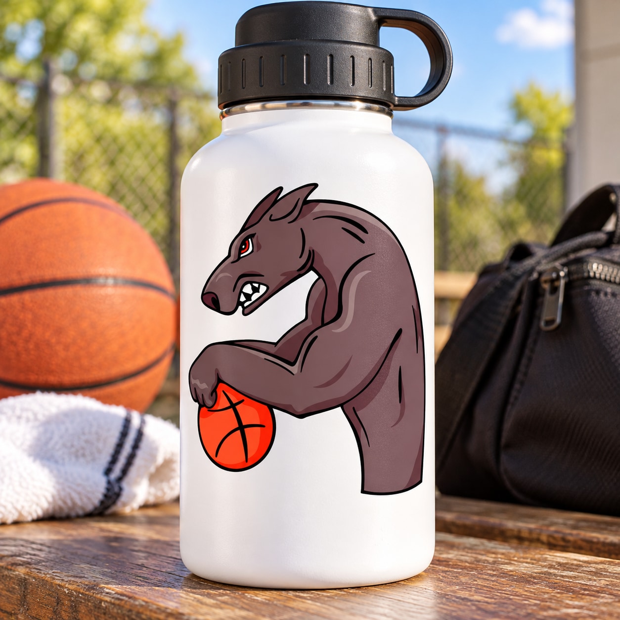 Brown panther holding basketball vinyl sticker decal, printed on white bottle