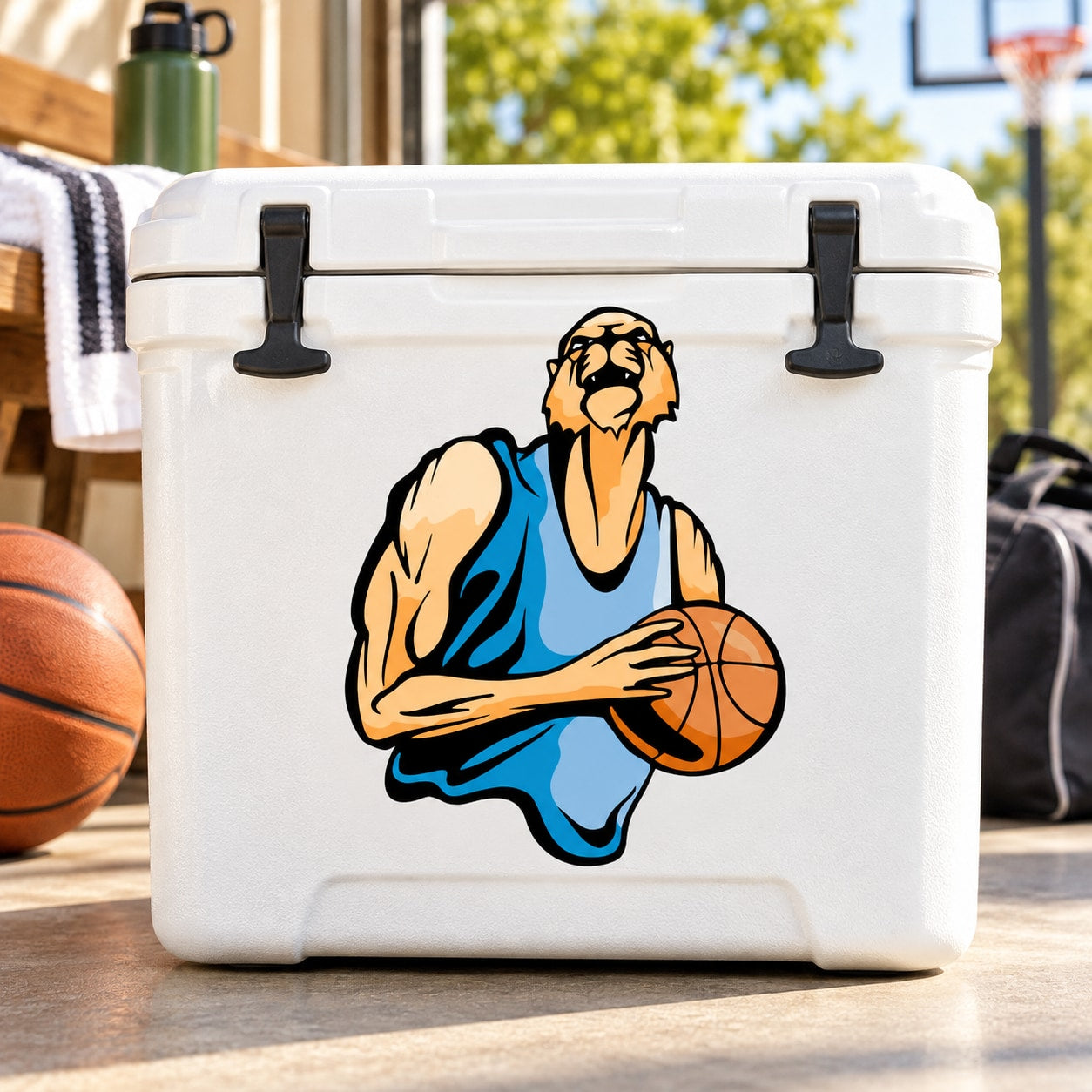 Basketball player vinyl sticker, blue jersey holding orange basketball