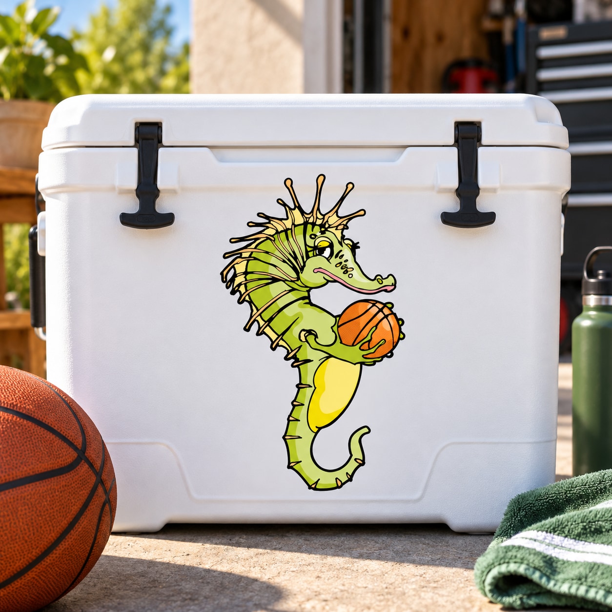 Vinyl basketball wall decal: green sea-creature with spines holding orange basketball
