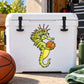 Vinyl basketball wall decal: green sea-creature with spines holding orange basketball