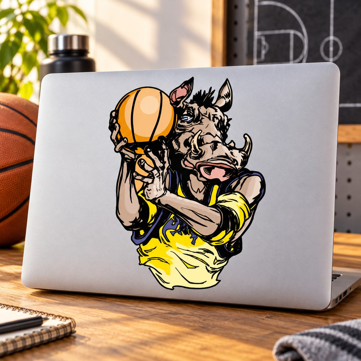 Basketball-themed cartoon bull and ball vinyl decal sticker, die-cut