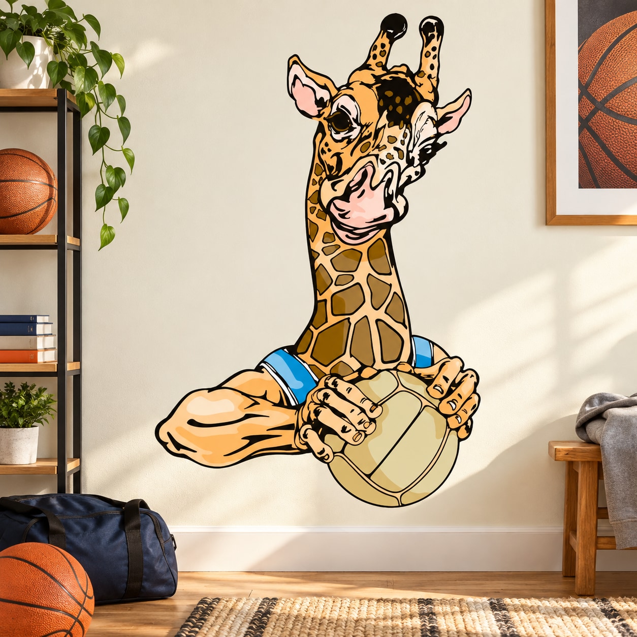 Cartoon giraffe wall decal holding a basketball, vinyl die-cut sticker