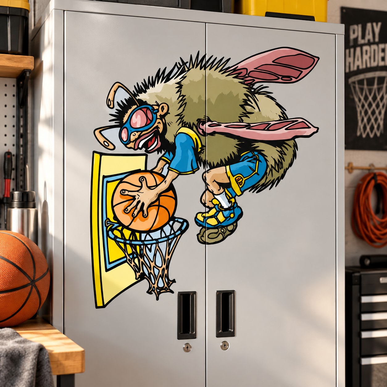 Basketball wall decal sticker with cartoon mascot shooting through a hoop