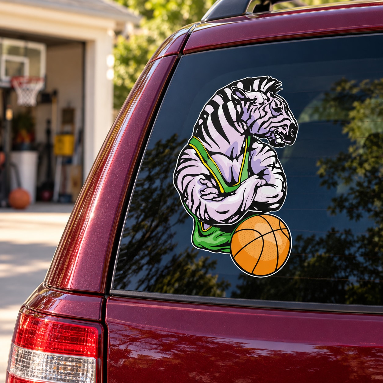 Vinyl basketball decal sticker with black-and-white animal face holding a basketball