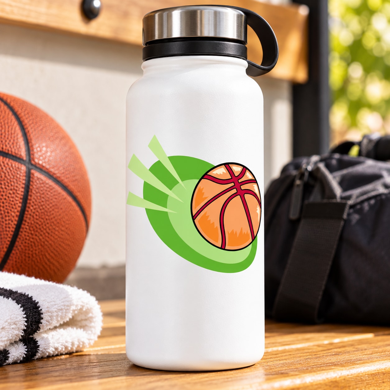Vinyl basketball decal sticker with orange ball and green burst design on white