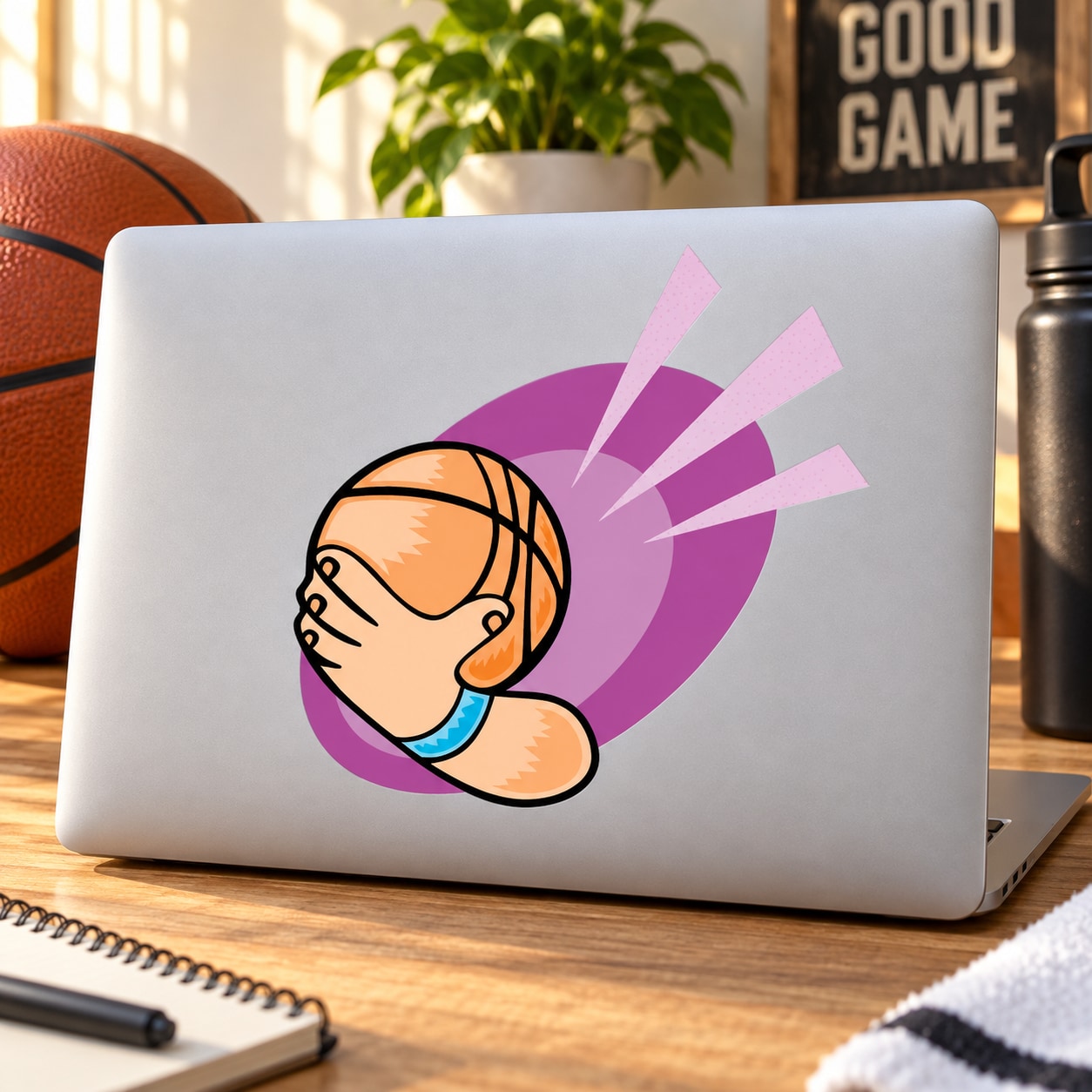 Basketball player vinyl decal sticker with cartoon face and purple burst design