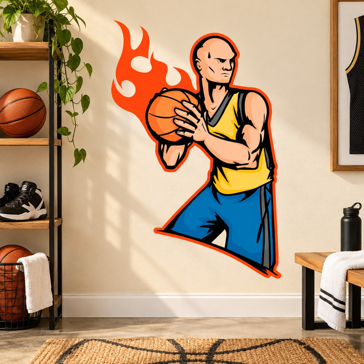 Basketball player wall decal sticker with orange flames holding a ball, blue shorts